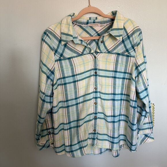 Soft Surroundings Women's Button-Down Plaid Shirt Long Sleeve Blue Green Size 1x - Picture 1 of 6